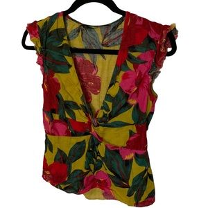 Zara Basic Green and Pink Linen Sleeveless Blouse